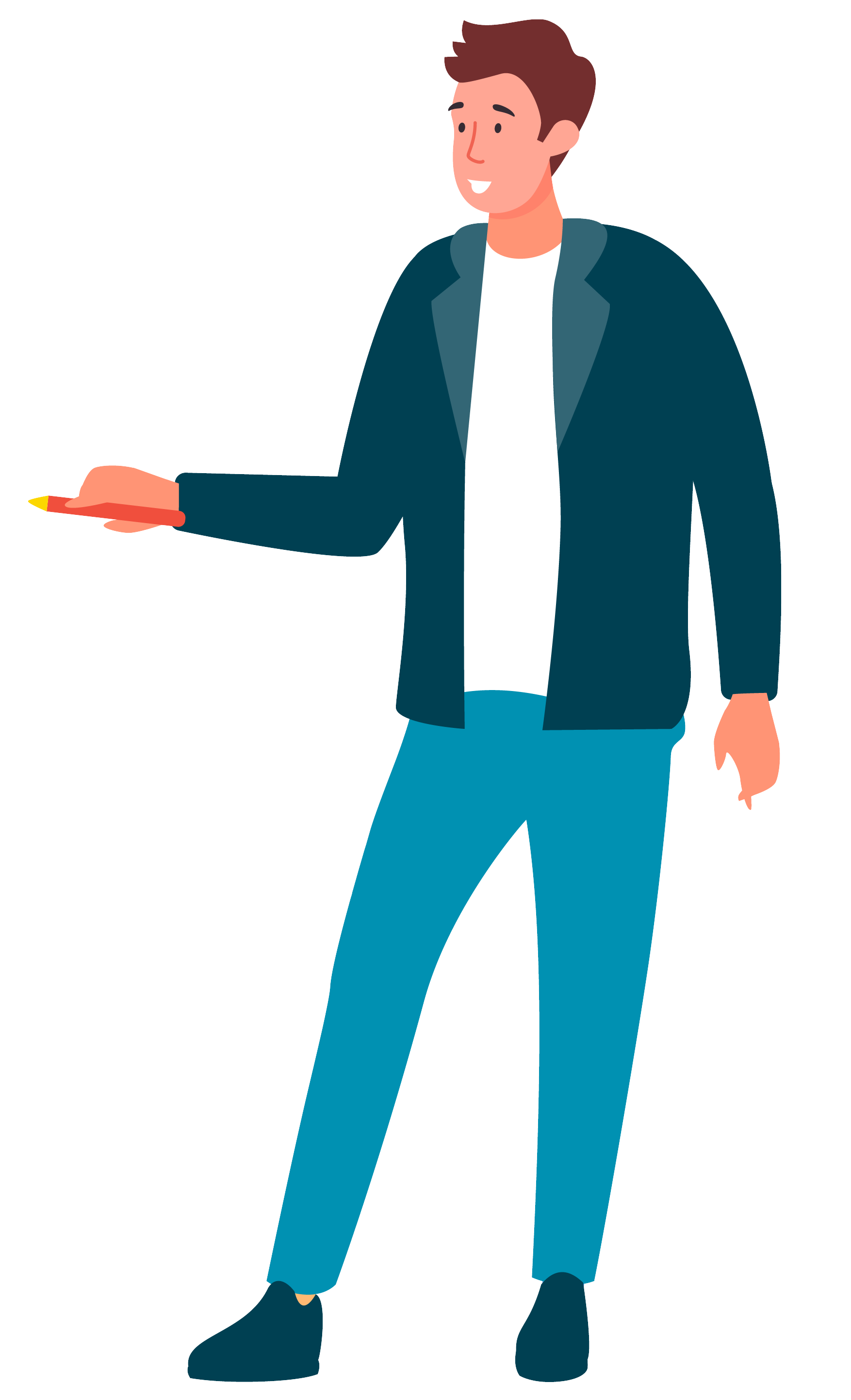 Illustration of a smiling man gesturing with a pencil